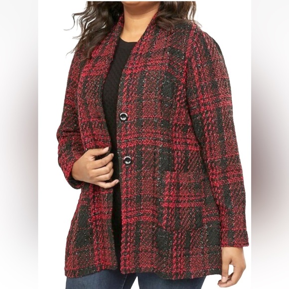 Lane Bryant Tweed Shimmer Blazer Plaid Jacket Boucle Red Size 26/28 - Picture 1 of 16